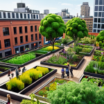 **

A vibrant urban garden scene, showing people interacting with nature in a city setting. Include elements like rooftop gardens, community gardens, and green spaces integrated into the urban landscape.  Focus on the harmony between nature and city life.

**