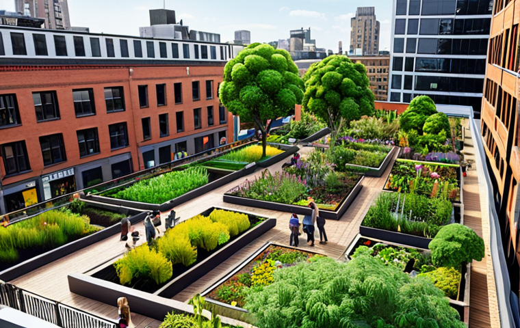 **

A vibrant urban garden scene, showing people interacting with nature in a city setting. Include elements like rooftop gardens, community gardens, and green spaces integrated into the urban landscape.  Focus on the harmony between nature and city life.

**