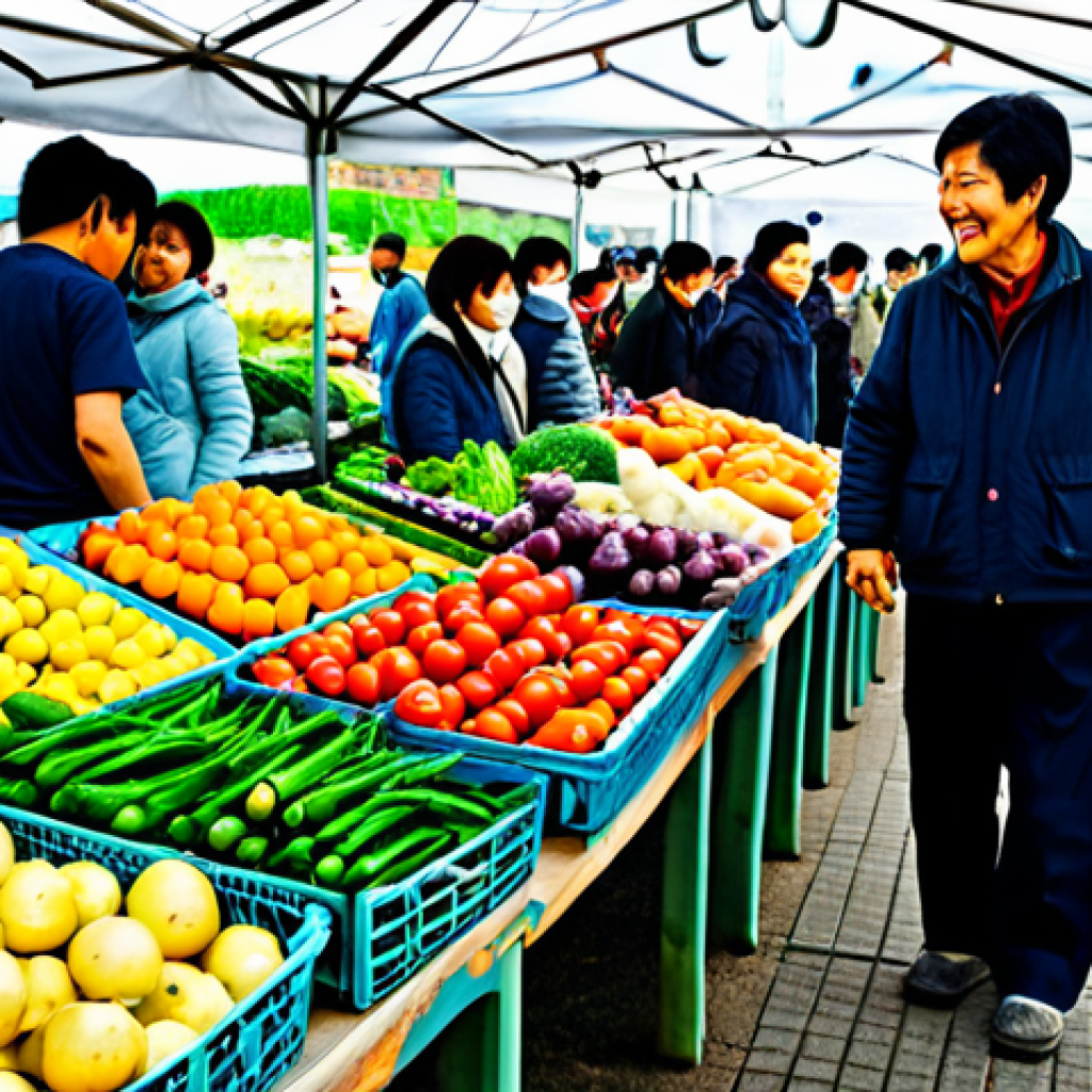 **
"A family-friendly scene of a local farmers market in the Japanese countryside. Farmers are selling fresh produce directly to customers, emphasizing 地産地消 (local production for local consumption). Everyone is fully clothed in appropriate attire. Focus on the vibrant colors of the vegetables and the happy interactions between people. Safe for work, appropriate content, modest clothing, perfect anatomy, natural proportions, professional photography, high quality."
**