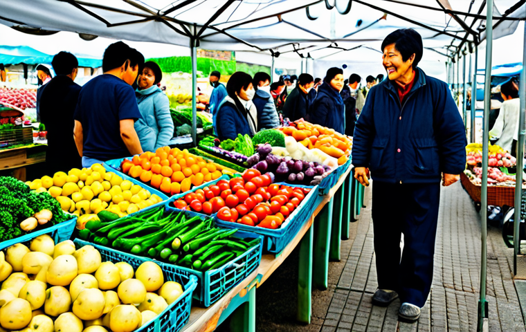 **

"A family-friendly scene of a local farmers market in the Japanese countryside. Farmers are selling fresh produce directly to customers, emphasizing 地産地消 (local production for local consumption). Everyone is fully clothed in appropriate attire. Focus on the vibrant colors of the vegetables and the happy interactions between people. Safe for work, appropriate content, modest clothing, perfect anatomy, natural proportions, professional photography, high quality."

**