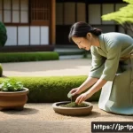 생태계 중심 사고의 문화적 측면 - **Prompt:** "A vibrant, sunlit scene in a traditional Japanese garden. A young woman in her late 20s...