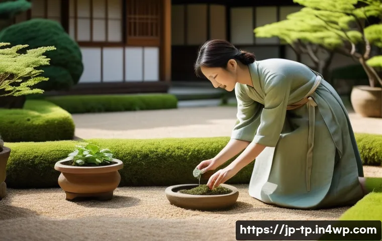 생태계 중심 사고의 문화적 측면 - **Prompt:** "A vibrant, sunlit scene in a traditional Japanese garden. A young woman in her late 20s...