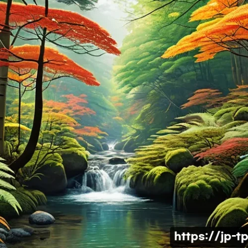 생태계 중심 사고와 사회적 책임 - A vibrant Japanese forest scene showcasing diverse flora and fauna coexisting harmoniously: towering...