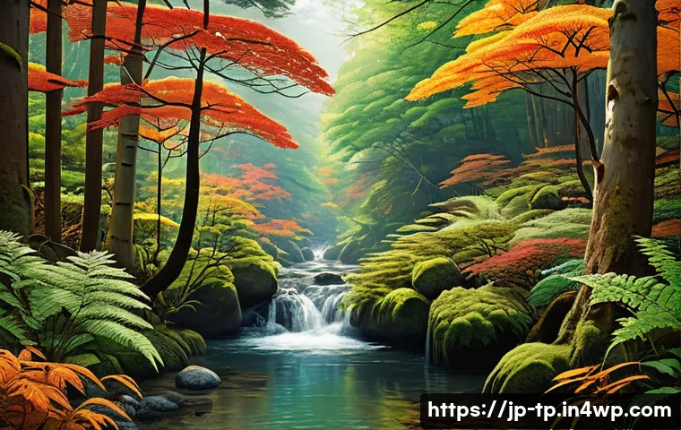생태계 중심 사고와 사회적 책임 - A vibrant Japanese forest scene showcasing diverse flora and fauna coexisting harmoniously: towering...