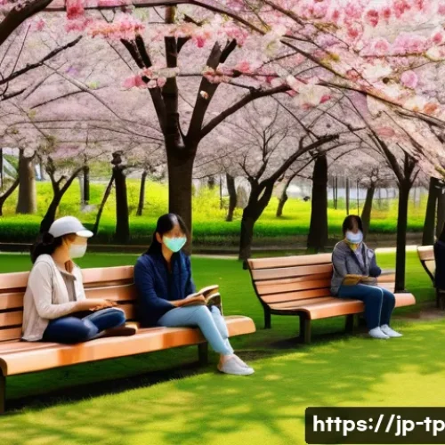 생태계 중심 사고와 지속 가능성 - A serene urban park scene in Japan during spring, featuring cherry blossoms in full bloom and variou...