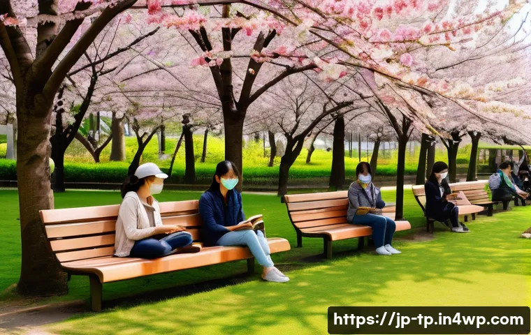 생태계 중심 사고와 지속 가능성 - A serene urban park scene in Japan during spring, featuring cherry blossoms in full bloom and variou...