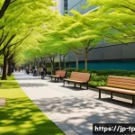 생태계 중심 사고와 도시 계획 - A vibrant urban park scene in a modern Japanese city during spring, featuring lush green trees, colo...