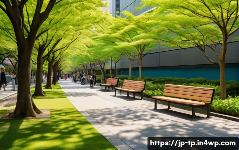 생태계 중심 사고와 도시 계획 - A vibrant urban park scene in a modern Japanese city during spring, featuring lush green trees, colo...