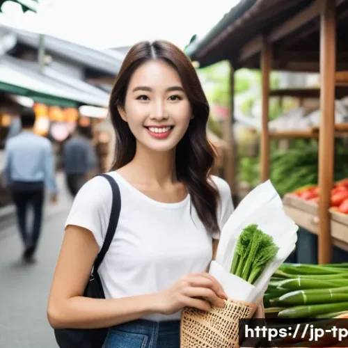 생태계 중심 사고 전환을 위한 행동 변화 - A vibrant Japanese urban scene featuring a young woman using an eco-friendly bamboo toothbrush and c...