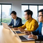생태계 중심 사고를 위한 커뮤니티 접근법 - A diverse group of professionals from different industries and cultural backgrounds engaged in a dyn...