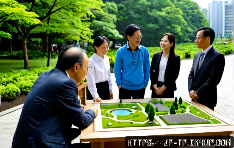 생태계 중심 사고의 글로벌 동향 - Photorealistic wide-angle scene of a diverse international team of urban planners, scientists, farme...