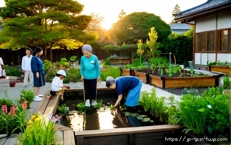지역 사회에서의 생태계 중심 사고 확대 - Photorealistic Japanese neighborhood community garden at sunrise, diverse residents including an old...