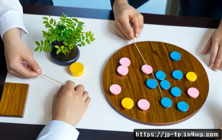 생태계 중심 사고를 위한 분석 도구 - Photorealistic overhead view of a Japanese business team around a large clean desk, arranging color-...