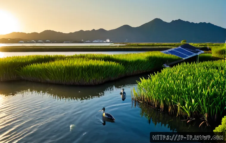 생태계 중심 사고와 기후 변화 대응 - Photorealistic wide landscape showing a restored coastal wetland at sunrise, lush reeds and mangrove...