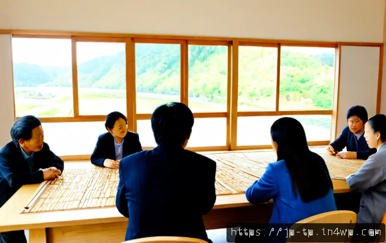 생태계 중심 사고에서의 이해관계자 관리 - Photorealistic wide-angle roundtable meeting in a bright modern Japanese community center, diverse s...
